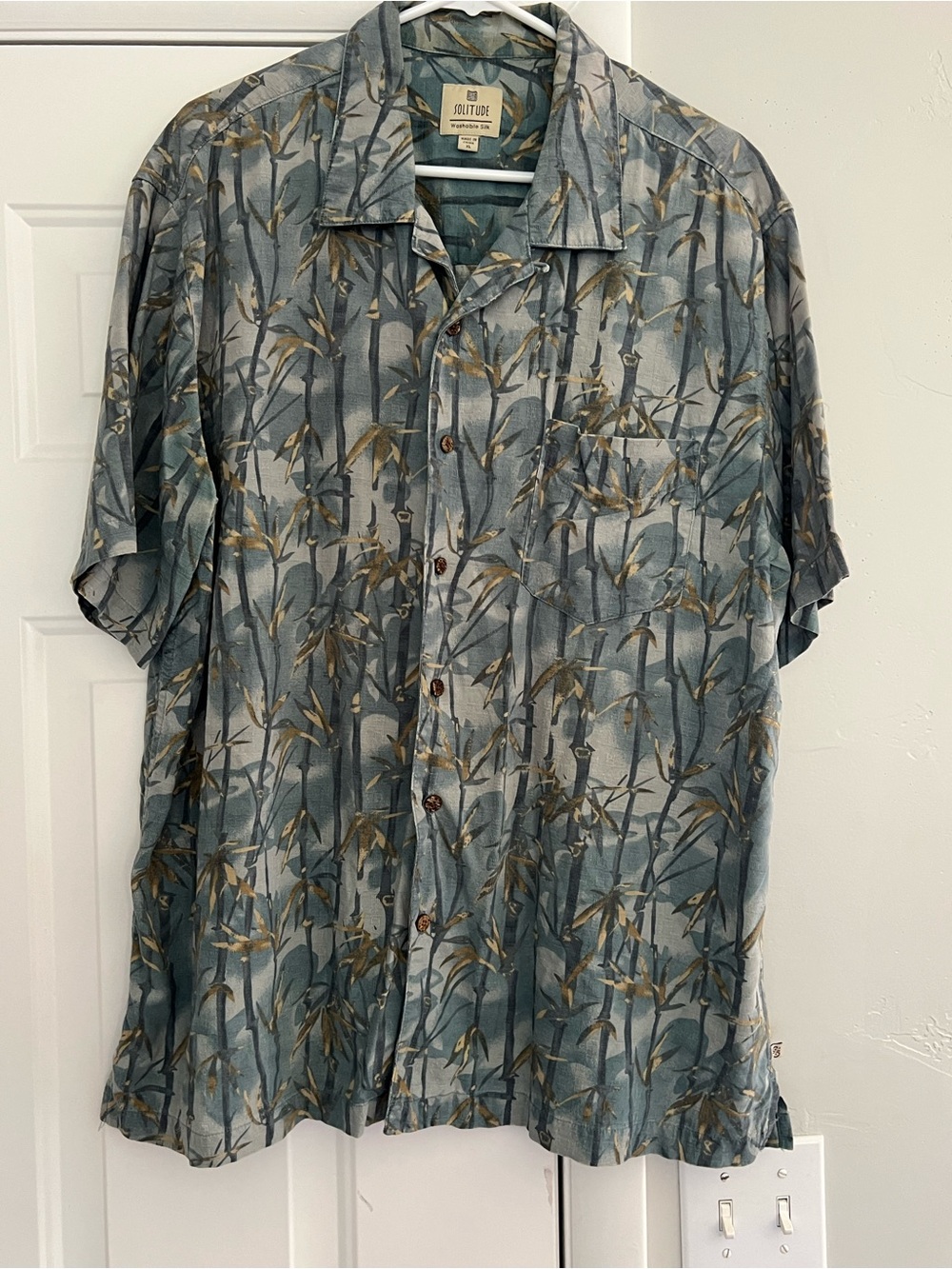 Solitude Bamboo-Print 100% SILK Short-Sleeve Button-Down Shirt - Slate Blue